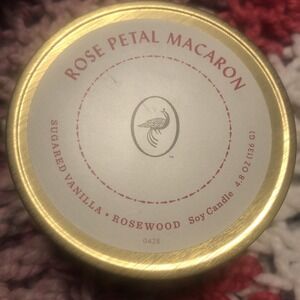 Sugared Vanilla Rosewood Soy Candle Rose Petal Macaron Tin NEW 4.8 Oz. 18 Hour